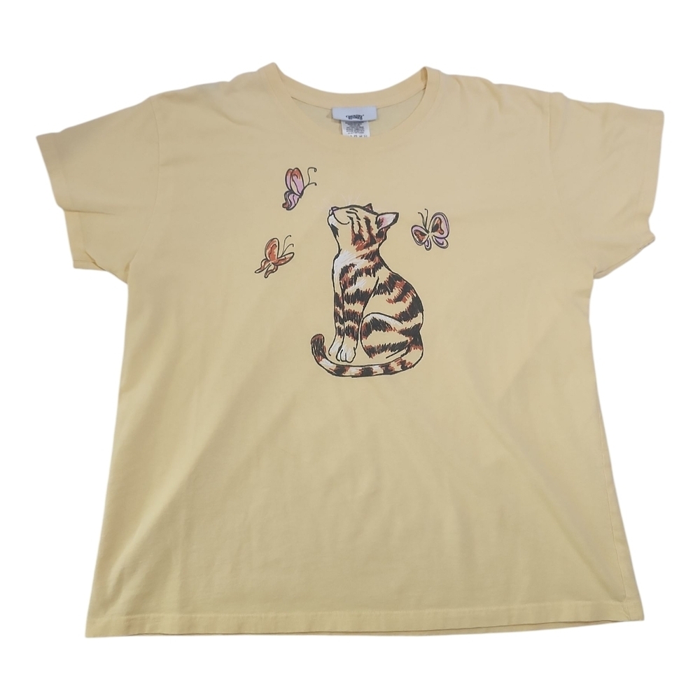 Country Store Cat & Butterfly Graphic T-Shirt – Size XL – 100% Cotton